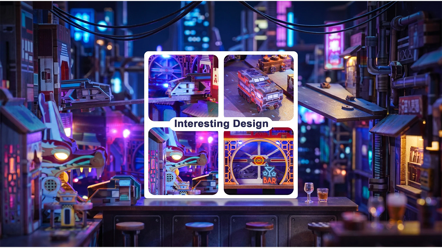 Koláž 4 detailných záberov na vznášadlá, draka a bar s nápisom „Interesting Design“.