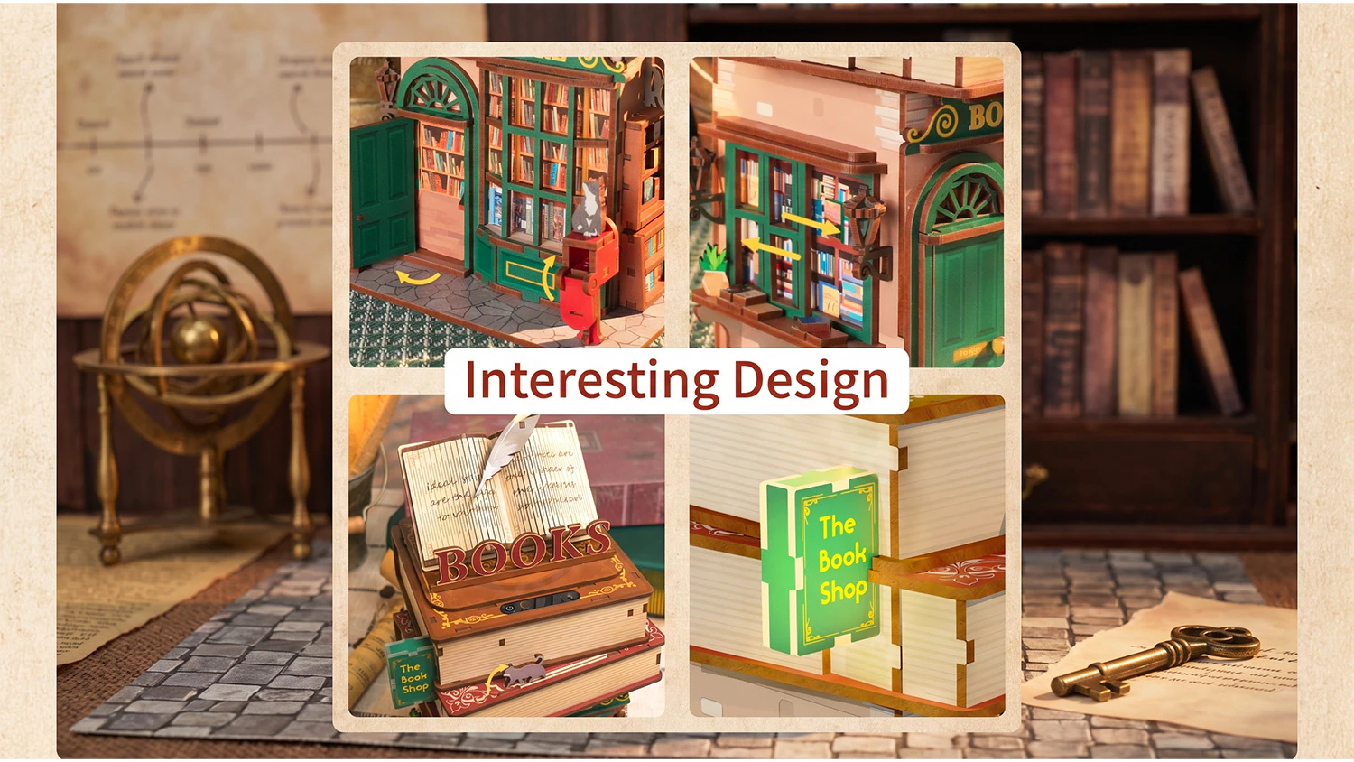 Koláž 4 detailných záberov na výklad, dvere, strechu z kníh a svietiaci štít s nápisom „Interesting Design“.