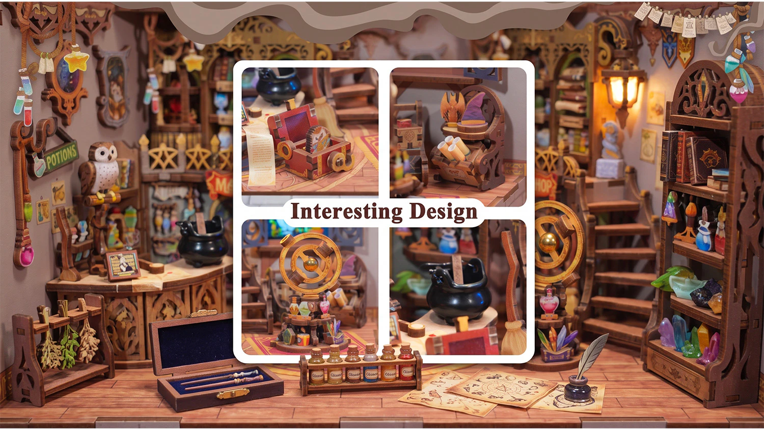 Koláž 4 detailných záberov na truhlicu, zvitky, astroláb a kotlík s nápisom „Interesting Design“.