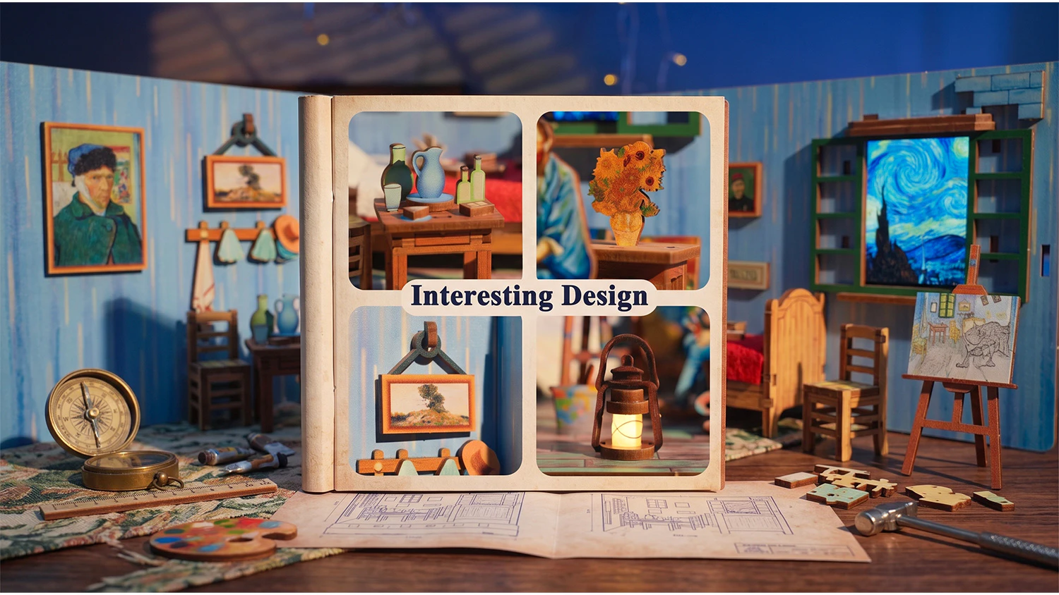 Kol&aacute;ž 4 detailn&yacute;ch z&aacute;berov na maliara, st&ocirc;l, obrazy a lamp&aacute;&scaron; s n&aacute;pisom &bdquo;Interesting Design&ldquo;.