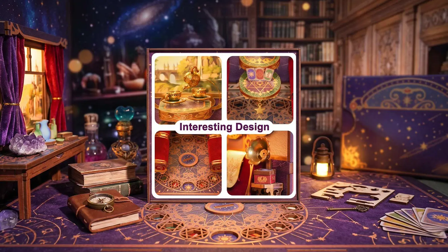 Koláž štyroch detailných záberov na kanvicu, tarot, gramofon a magický kruh s nápisem Interesting Design