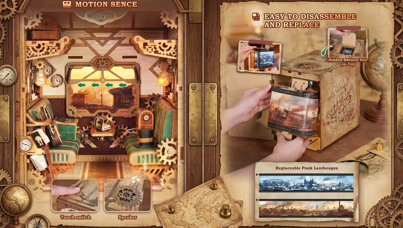 Koláž ukazujúca dotykové tlačidlo, reproduktor a výmenu krajiny s nápisem MOTION SENCE