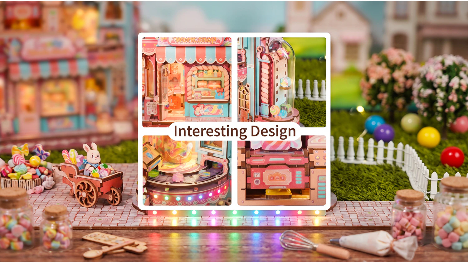 Koláž 4 detailných záberov na dopravníkový pás, tubus a výklad s nápisom „Interesting Design“.