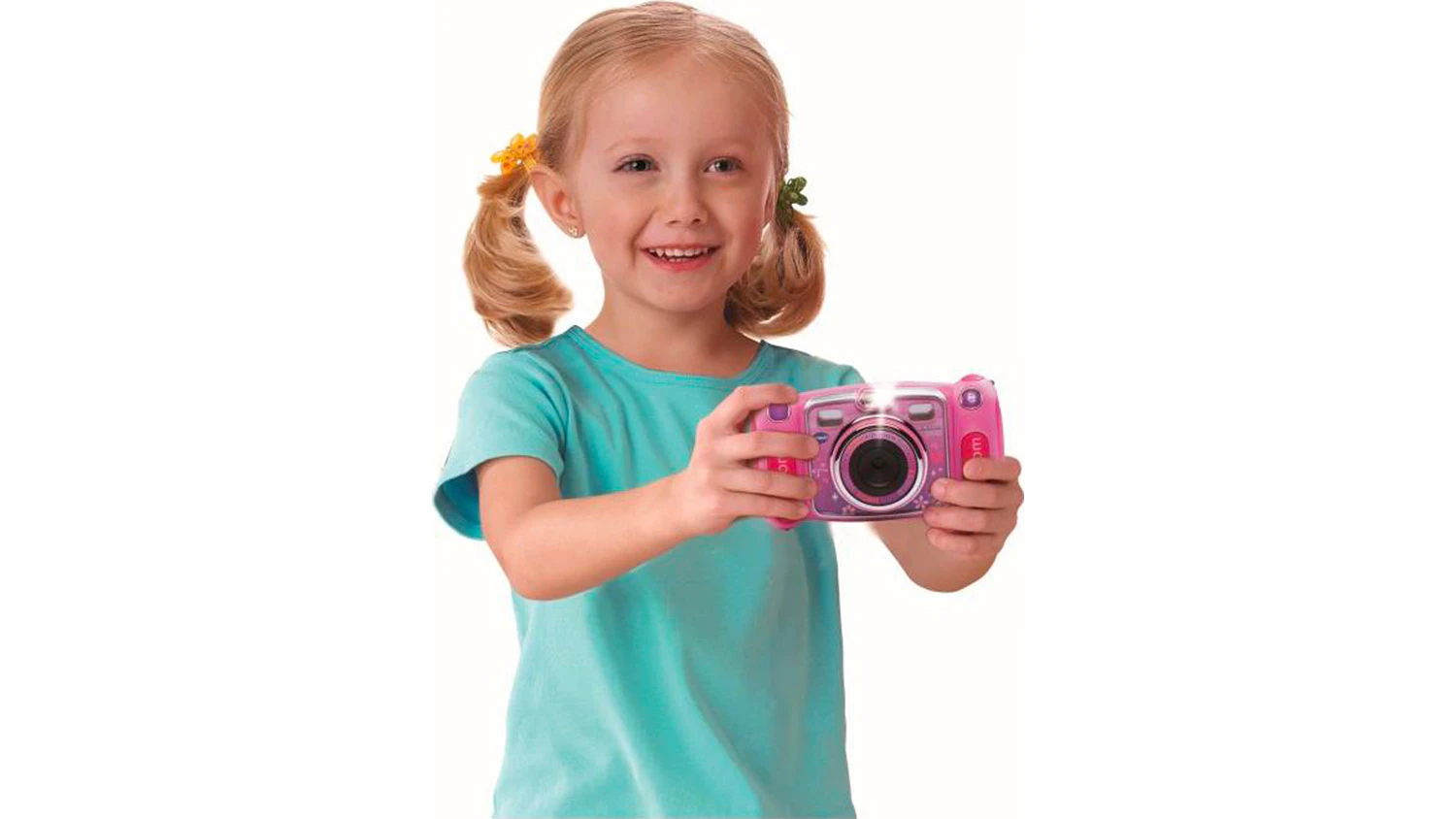 D&iacute;tě drž&iacute; fotoapar&aacute;t VTech Kidizoom Duo MX 5.0 růžov&yacute;
