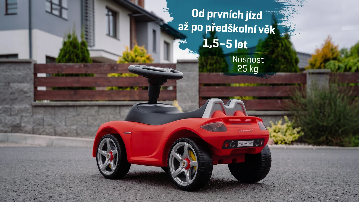 Dětsk&eacute; odr&aacute;žedlo Porsche Carrera GT s textem o věku a nosnosti
