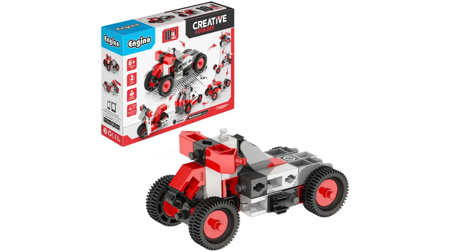 Postaven&yacute; model ze stavebnice Engino Creative Builder a v pozad&iacute; balen&iacute;