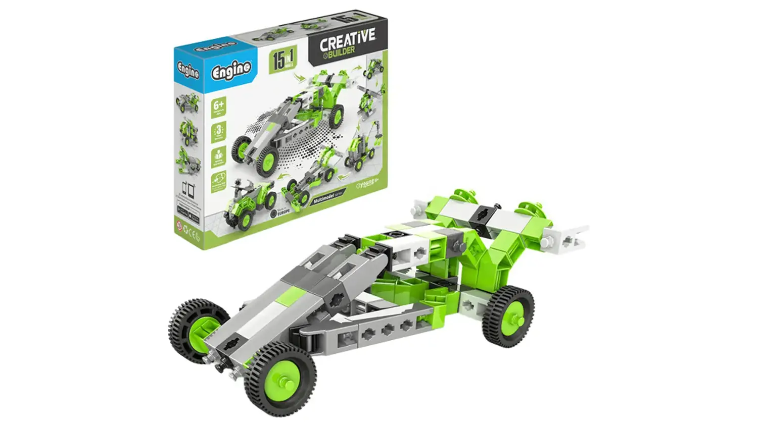 Postaven&yacute; model ze stavebnice Engino Creative Builder a v pozad&iacute; balen&iacute;