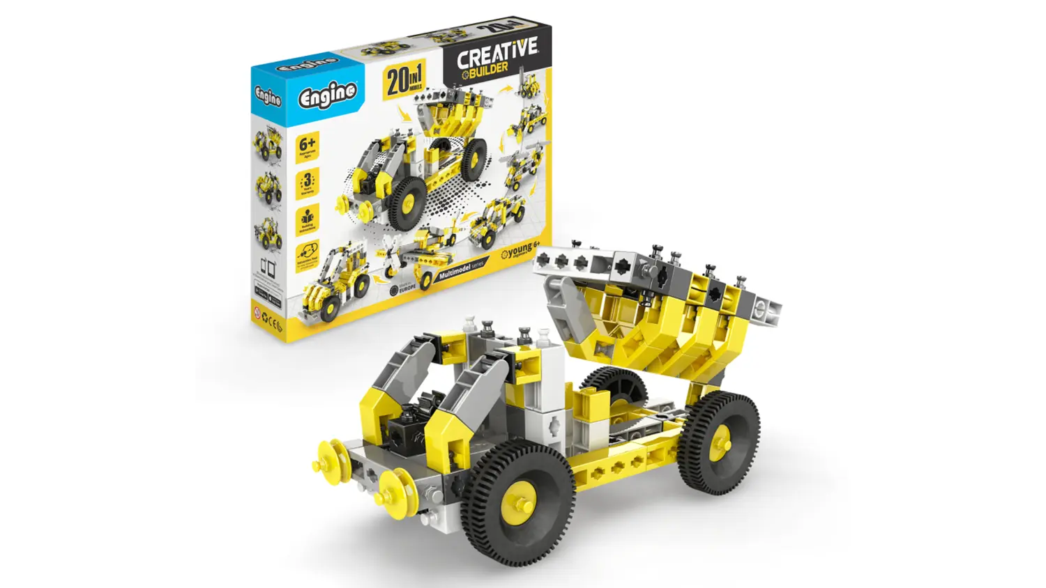 Postaven&yacute; model ze stavebnice Engino Creative Builder a v pozad&iacute; balen&iacute;