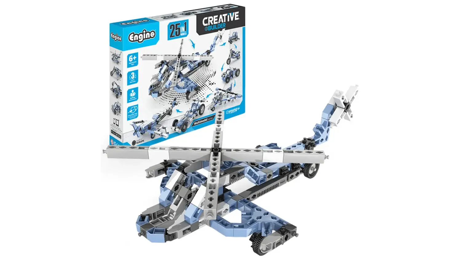 Postaven&yacute; model ze stavebnice Engino Creative Builder a v pozad&iacute; balen&iacute;