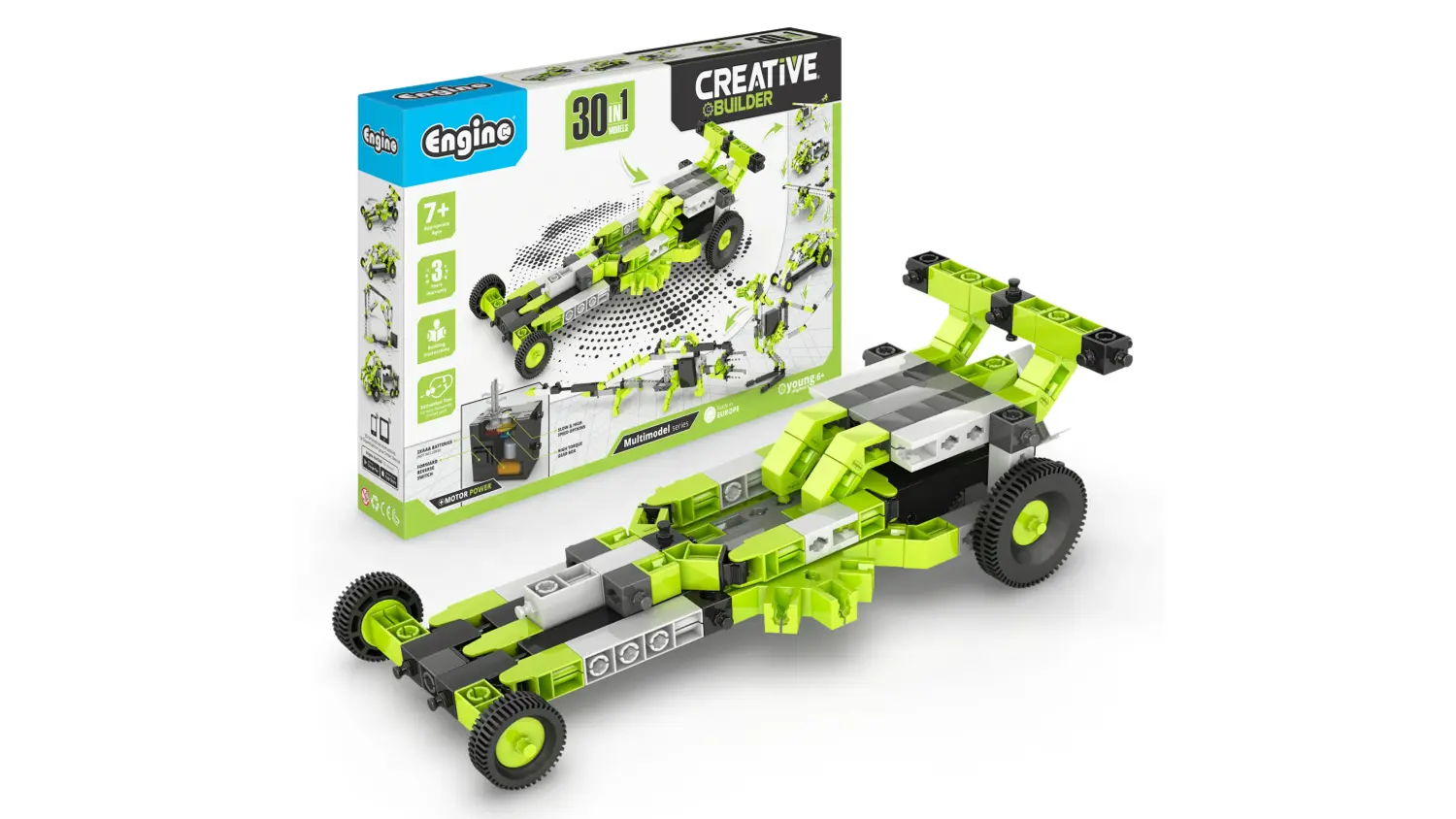 Postavený model ze stavebnice Engino Creative Builder a v pozadí balení