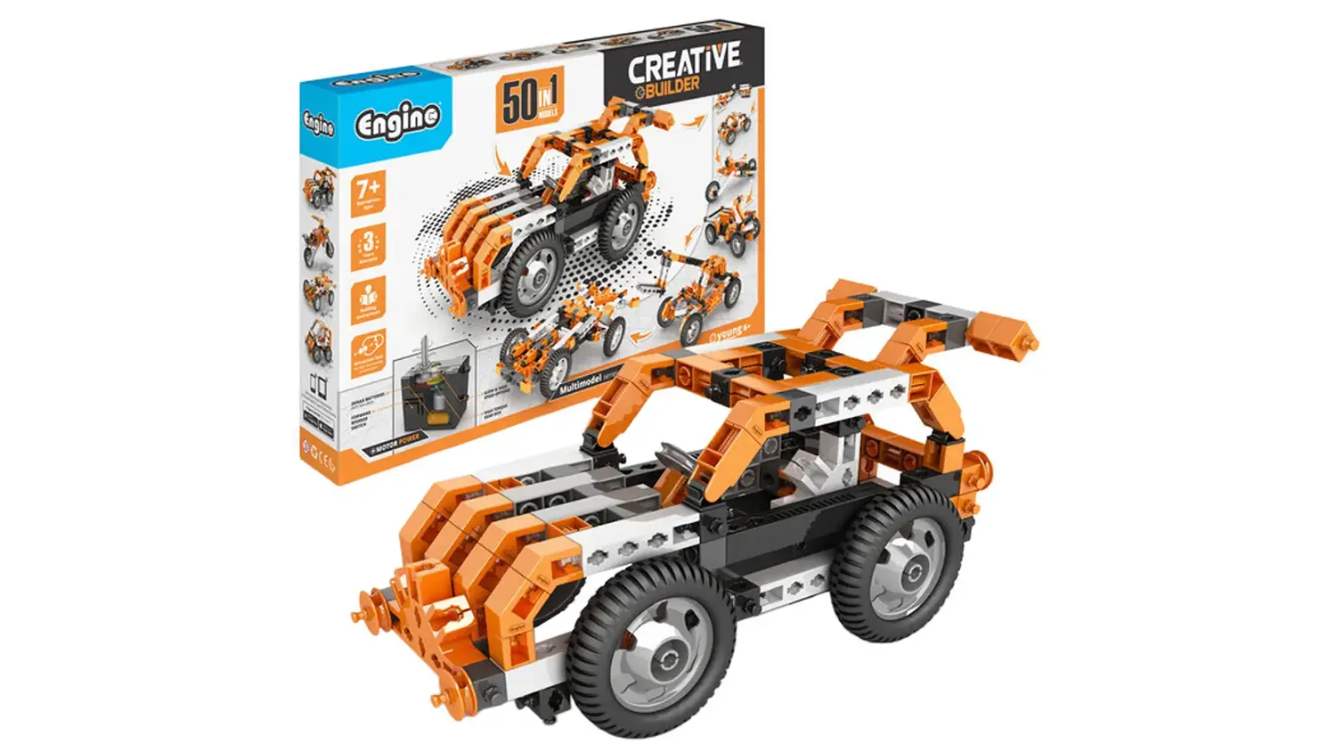 Postavený model ze stavebnice Engino Creative Builder a v pozadí balení
