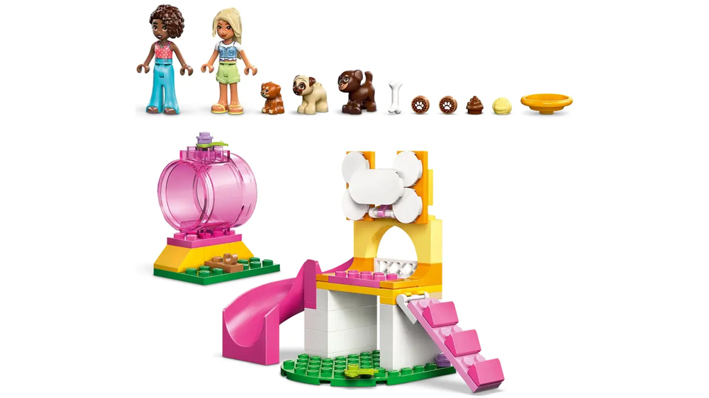 Figurky a minipanenky u sestaveného hřiště a tunelu ze stavebnice LEGO® Friends Hřiště pro štěňátka_02