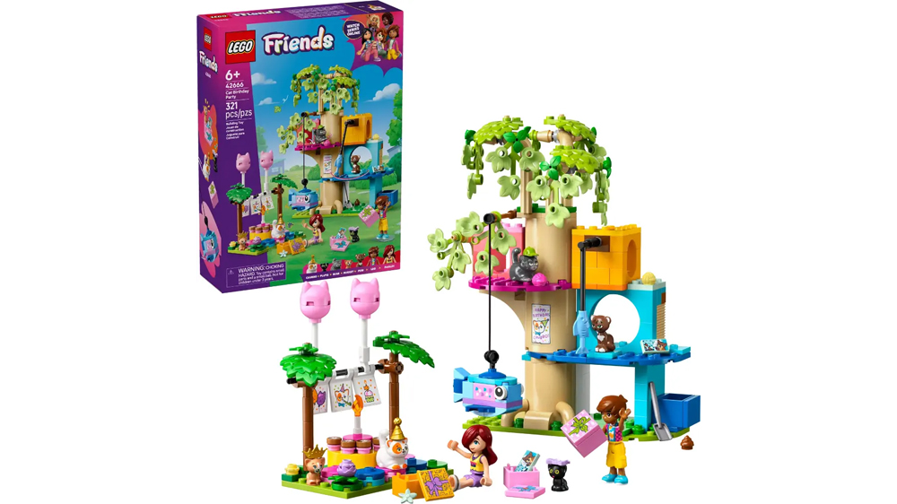 Stavebnice LEGO® Friends 42666 Kočičí narozeninová oslava a dům na stromě s krabicí_01