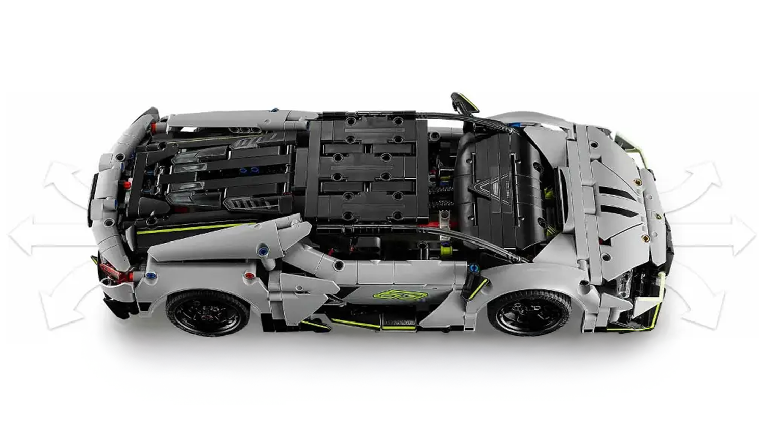 Model auta Lamborghini Revuelto ze stavebnice LEGO® Technic 42214 a znázornění pohybu jízdy_03