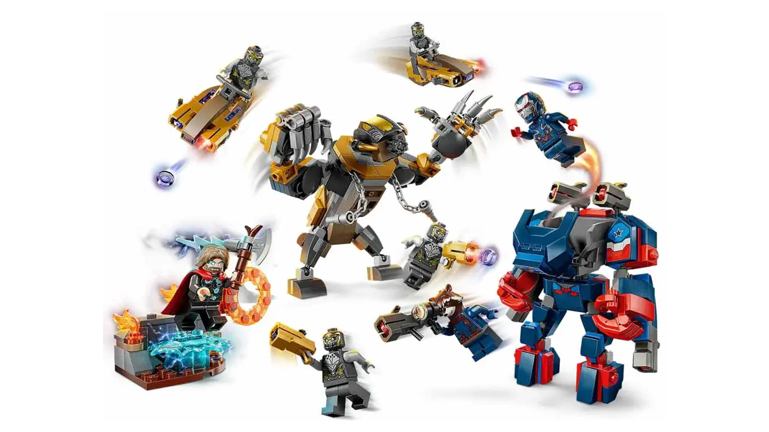 Velké figurky a minifigurky ze stavebnice LEGO® Avengers: Endgame Thor vs. Chitauri a vizualizace střílení dílků z vystřelovačů_03