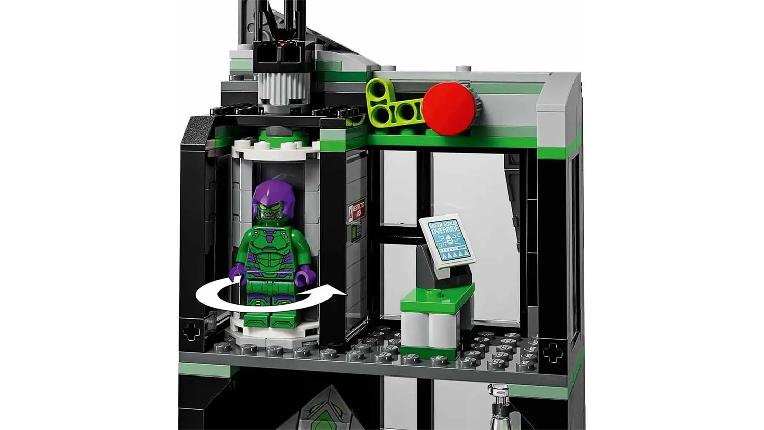 Minifigurka Zelen&eacute;ho goblina v kancel&aacute;řsk&eacute; budově Oscorp ze stavebnice LEGO&reg;  Marvel_03