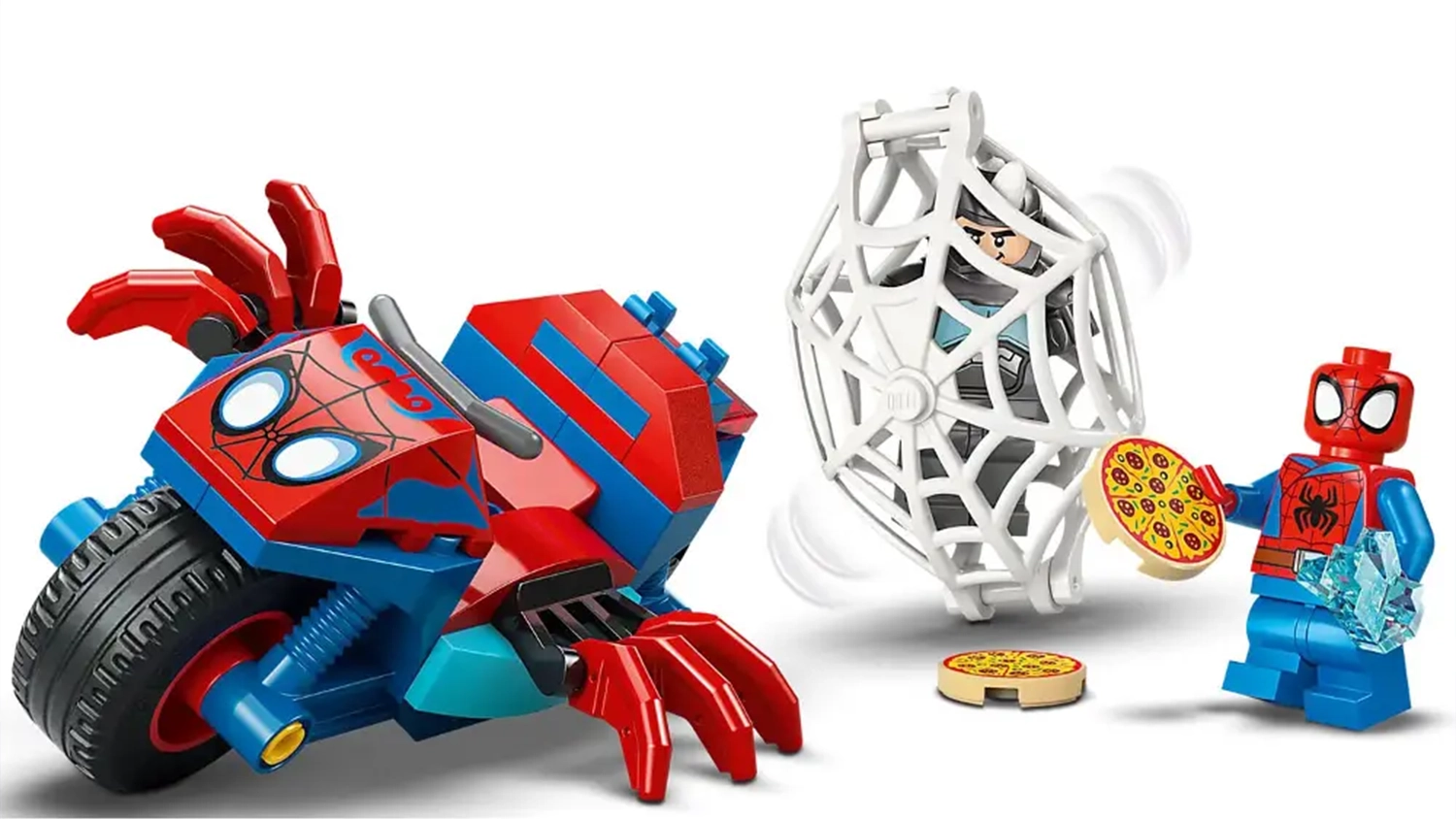 Model motorky, Spidey s pizzou a zloduch Rhino chytený v pavúčej sieti pri ukážke hry so stavebnicou LEGO® | Marvel 11206 Spidey na motorke vs. Rhino.