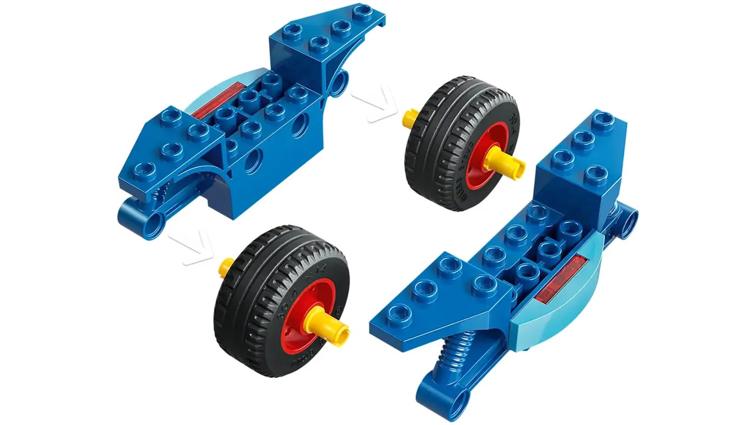 Znázornenie pohybu kociek pri skladaní motorky zo stavebnice LEGO® | Marvel 11206 Spidey na motorke vs. Rhino.