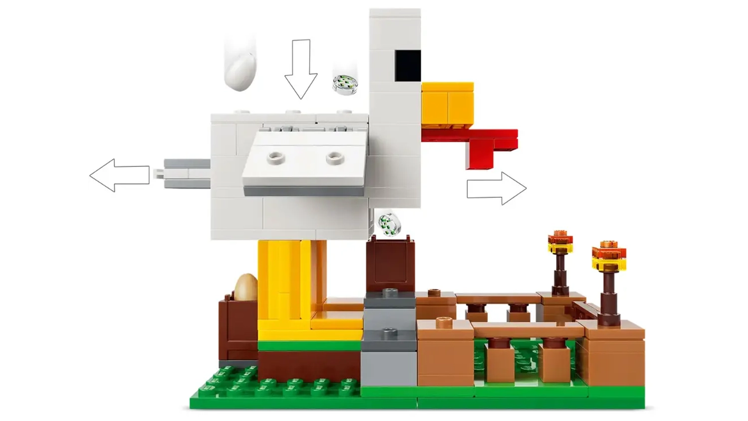 Kurník ze stavebnice LEGO® Minecraft® 21585 Slepičí farma a znázornění pohybu a vhazování semínek dovnitř
