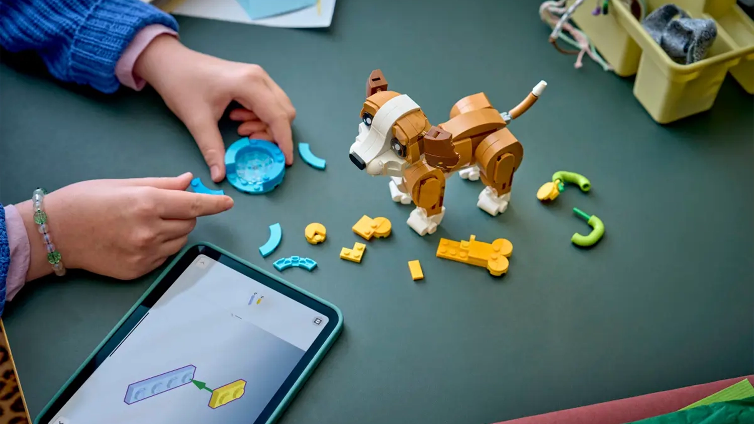 Detsk&eacute; ruky držia kocky zo stavebnice LEGO&reg; Creator 3 v 1 31382 Roztomil&eacute; zvierat&aacute;: Roztomil&eacute; &scaron;teniatko