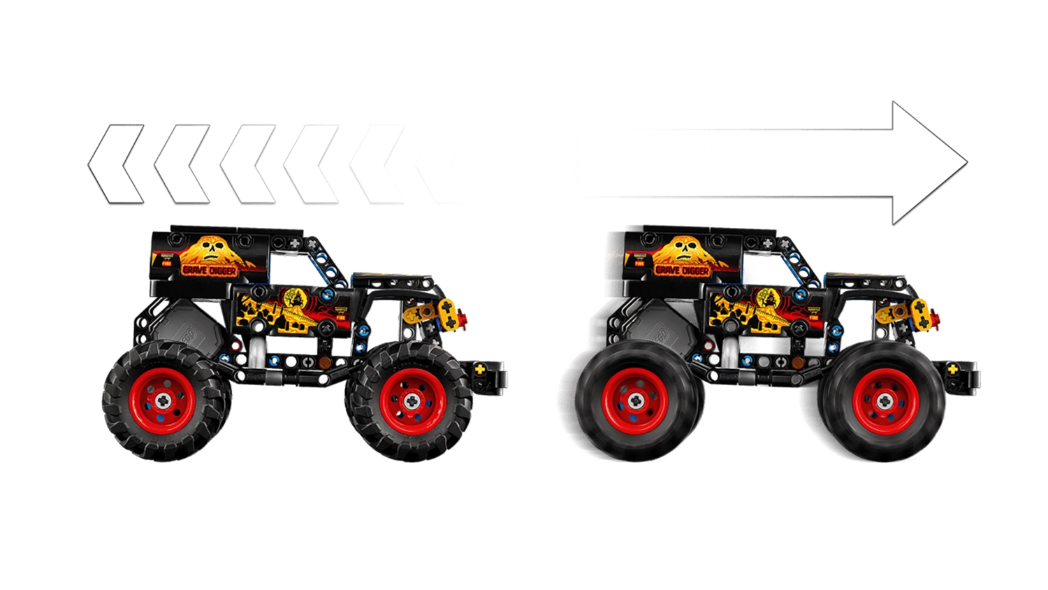 Vizualizácia pohybu natiahnutím u stavebnice LEGO® Technic 42219 Monster Jam™ Grave Digger™ Oheň a ľad