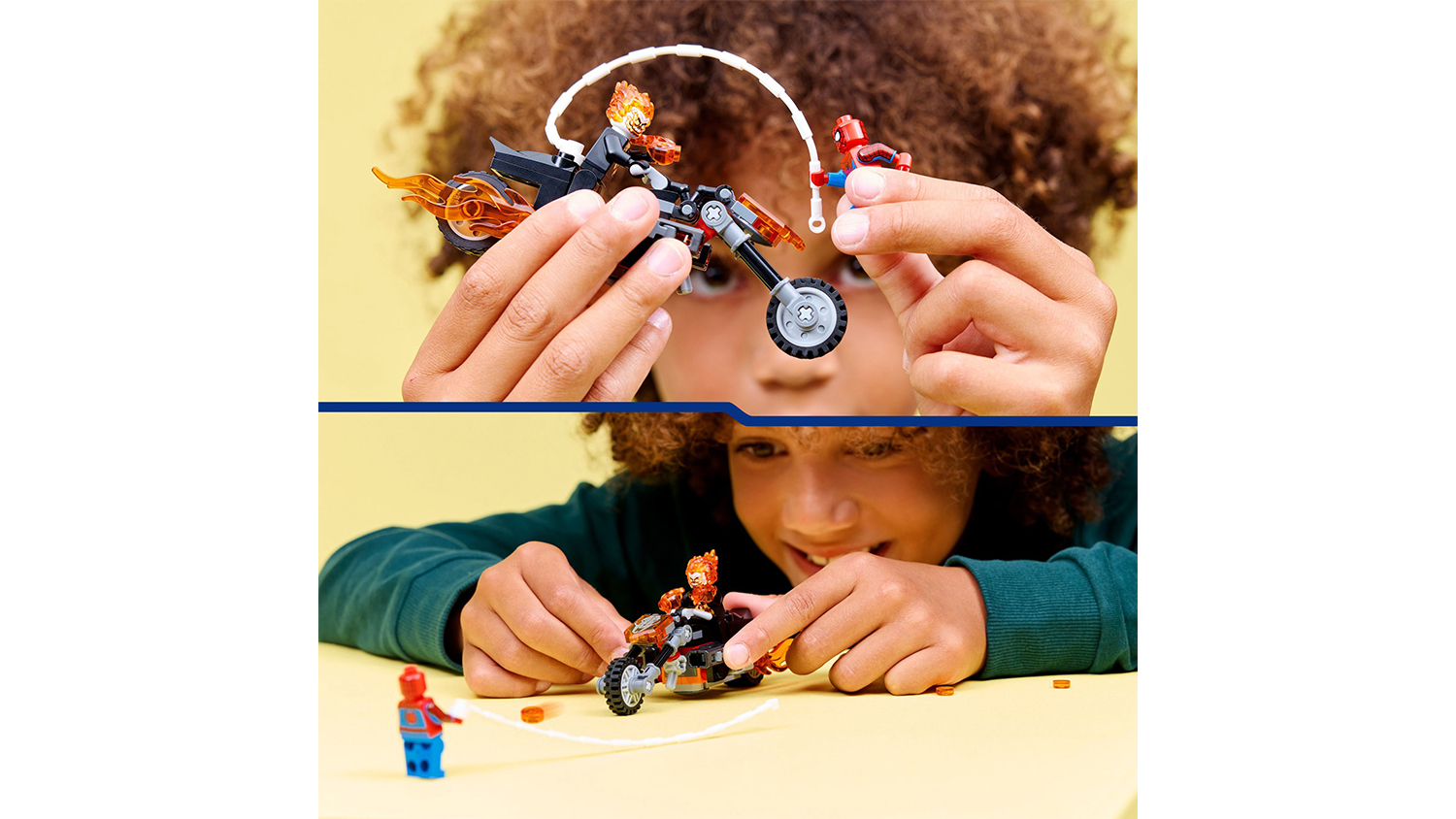 Chlapec sa hr&aacute; so stavebnicou LEGO&reg; Marvel 76335 Spider-Man vs. Ghost Rider na motorke