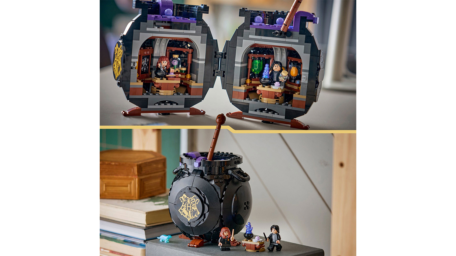 Stavebnice LEGO&reg; Harry Potter&trade; 76464 Kotl&iacute;k: Tajn&aacute; učebna lektvarů s otevřen&yacute;m kotl&iacute;kem položen&aacute; na poličce