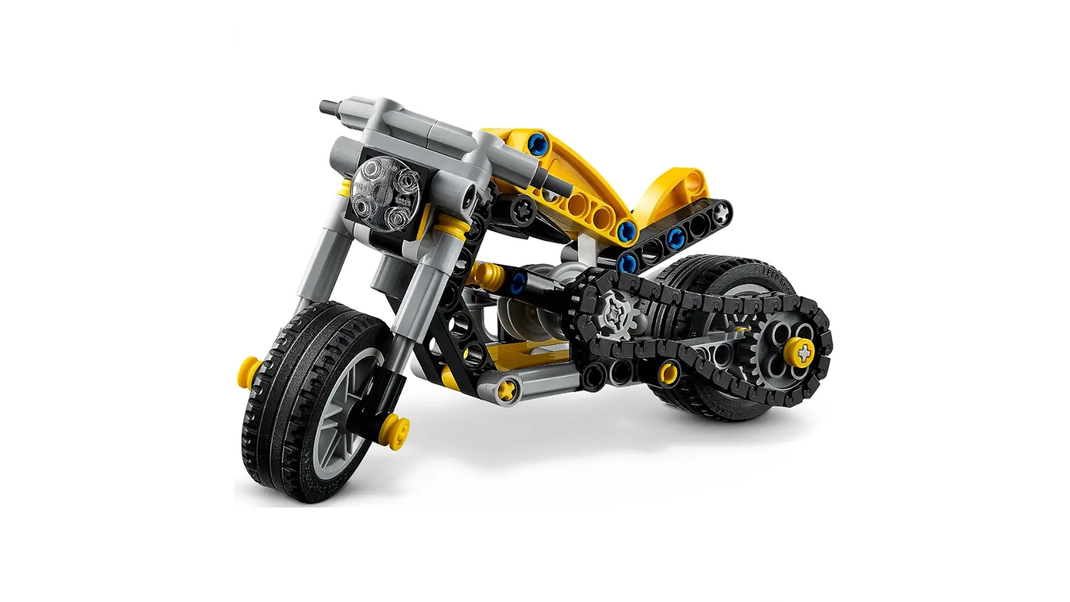 Bližší pohled na žlutou motorku ze stavebnice LEGO® Technic (42225) z boku