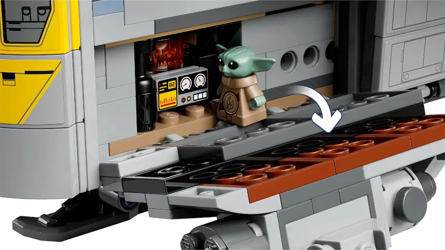 Minifigurka Grogua v otevřené vesmírné lodi sestavené ze stavebnice LEGO® Star Wars™ 75447 Razor Crest™