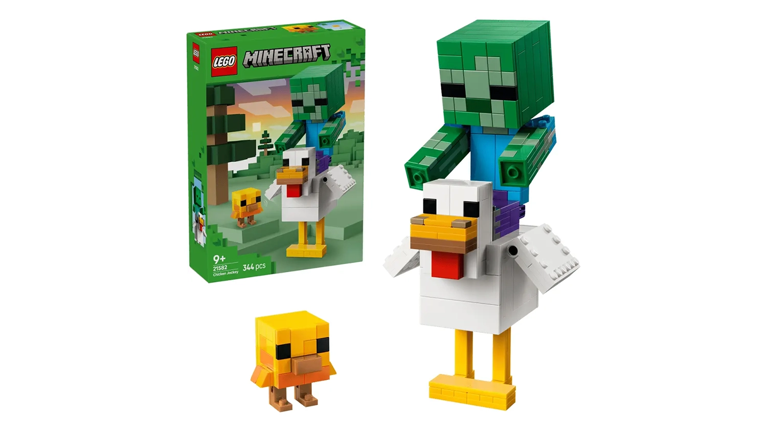Stavebnica LEGO® Minecraft 21582 Kurací džokej – balenie a zostavené figúrky