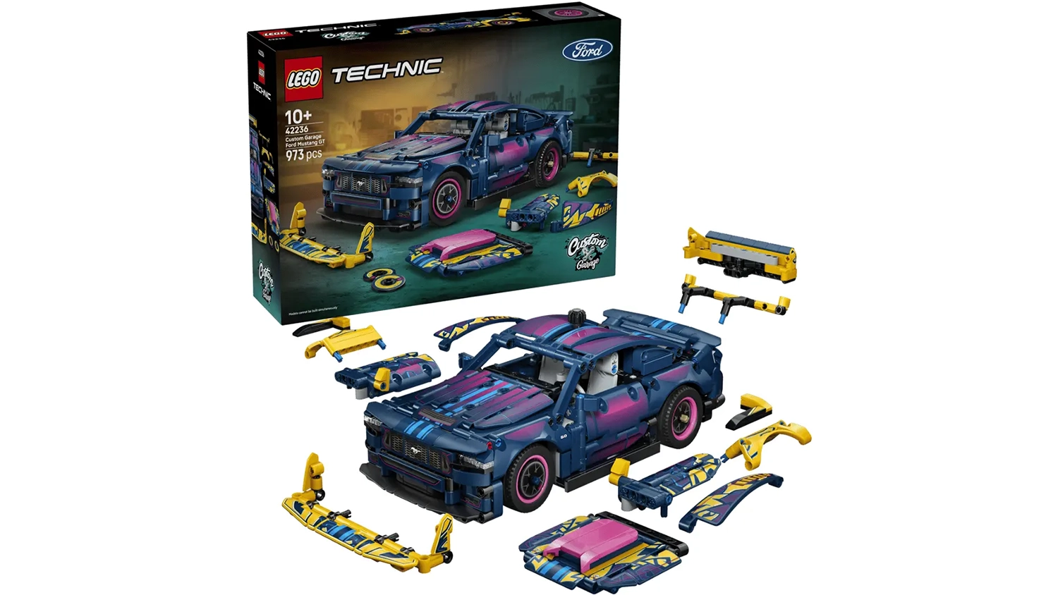 Stavebnice LEGO® Technic 42236 Tuningové auto Ford Mustang – balení a sestavené auto