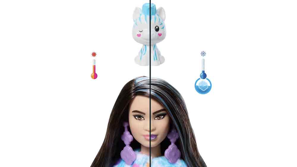 Ukázka změny ve tváři panenky Barbie Cutie Reveal a minifigurky zvířátka po ponoření do studené a teplé vody_03