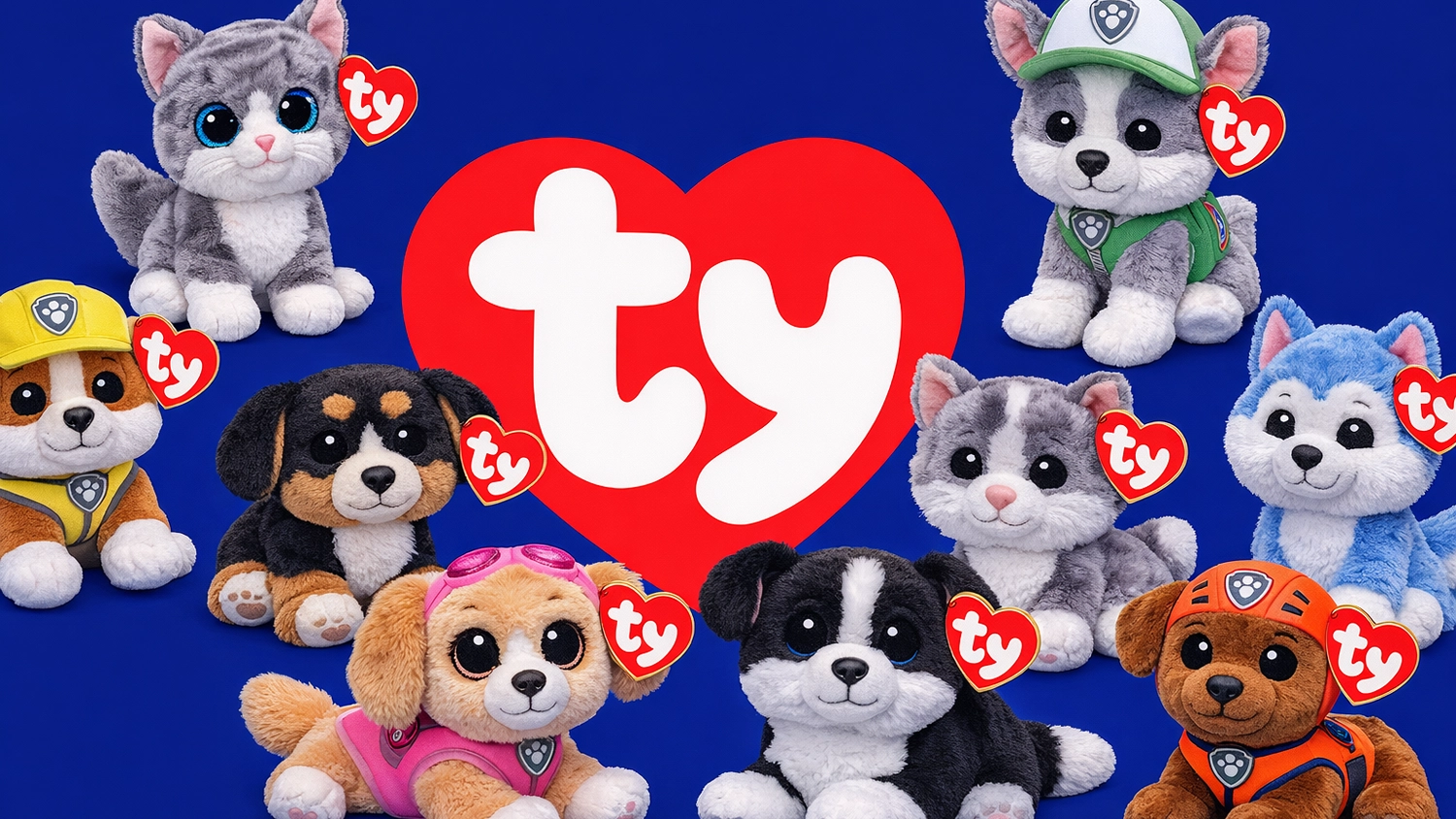 Logo značky TY a okolo ply&scaron;&aacute;ky