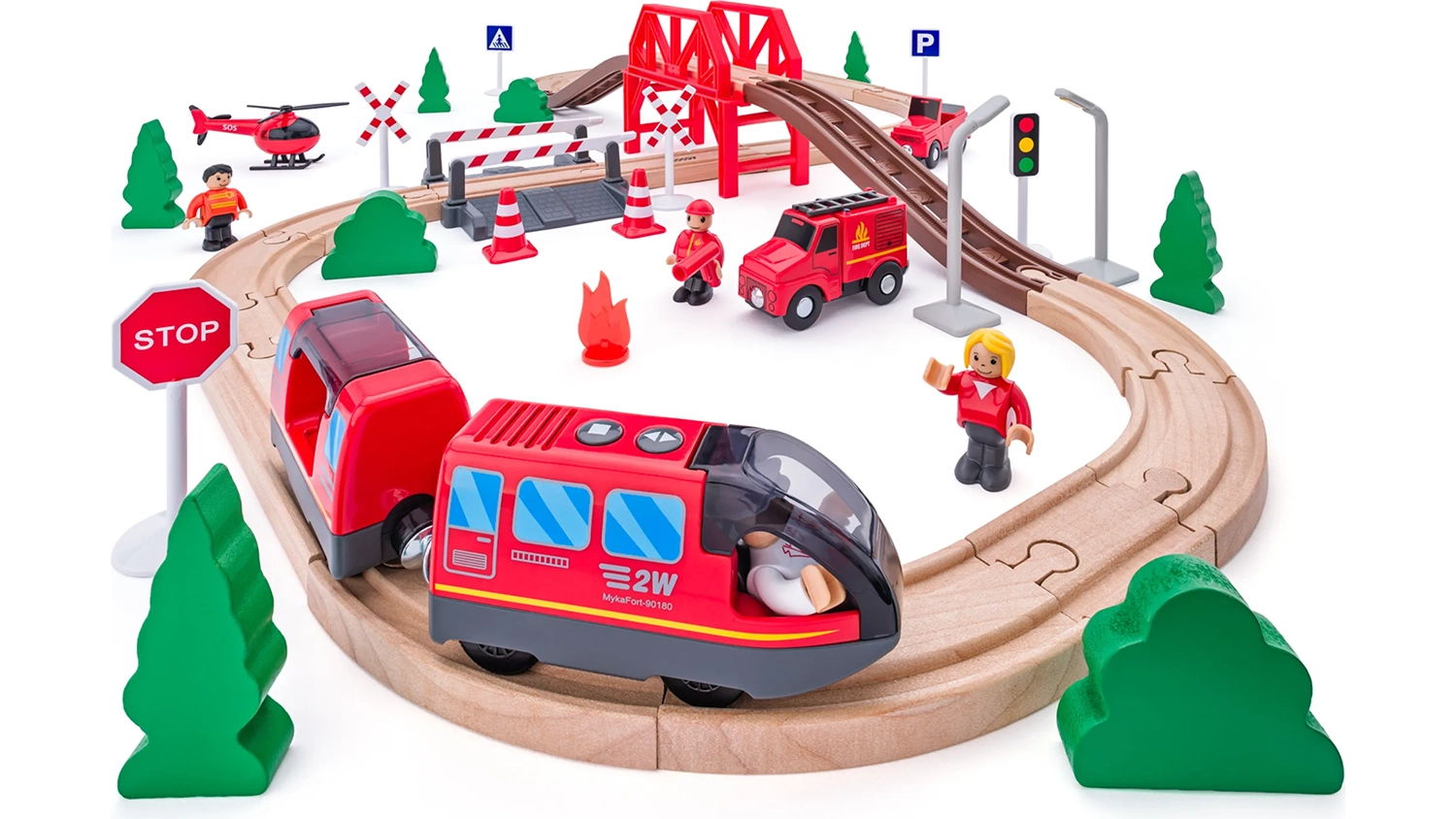 Vl&aacute;čkov&aacute; dr&aacute;ha Woody s elektrickou ma&scaron;inkou hasiči 60 d&iacute;lů složen&aacute;