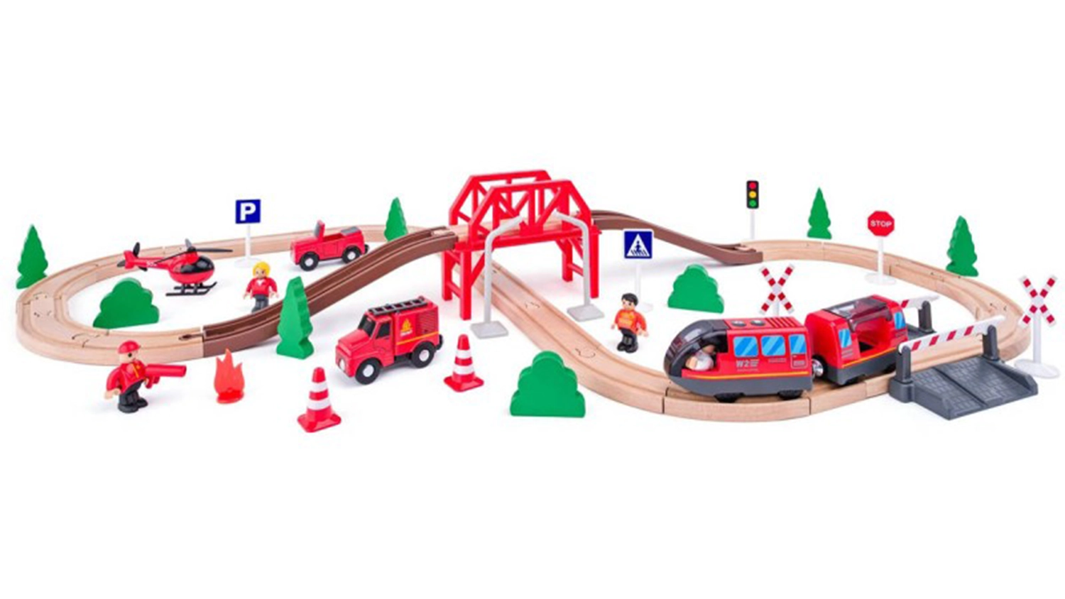 Woody Vl&aacute;čkodr&aacute;ha s elektrickou ma&scaron;inkou hasiči 60 d&iacute;lů složen&aacute; bočn&iacute; pohled