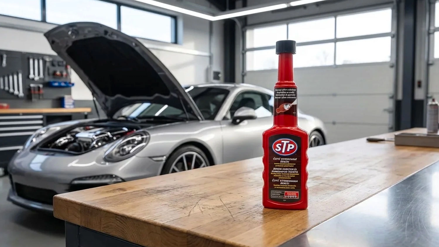 Červen&aacute; fľa&scaron;a adit&iacute;va STP Čistič vstrekovania benz&iacute;n na drevenom ponku v autodielni pred strieborn&yacute;m autom s otvorenou kapotou.