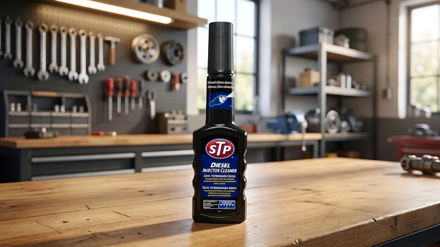 Fľa&scaron;a adit&iacute;va STP Diesel Injector Cleaner na drevenom pracovnom stole v autodielni.