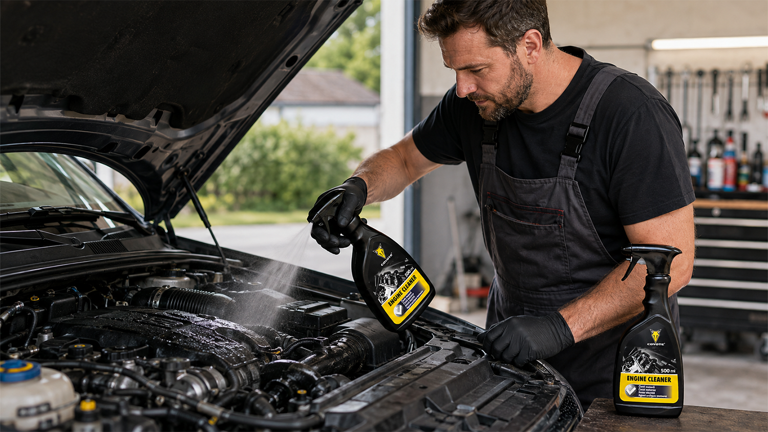 Muž čist&iacute; motor automobilu čističom motorov Coyote 500 ml