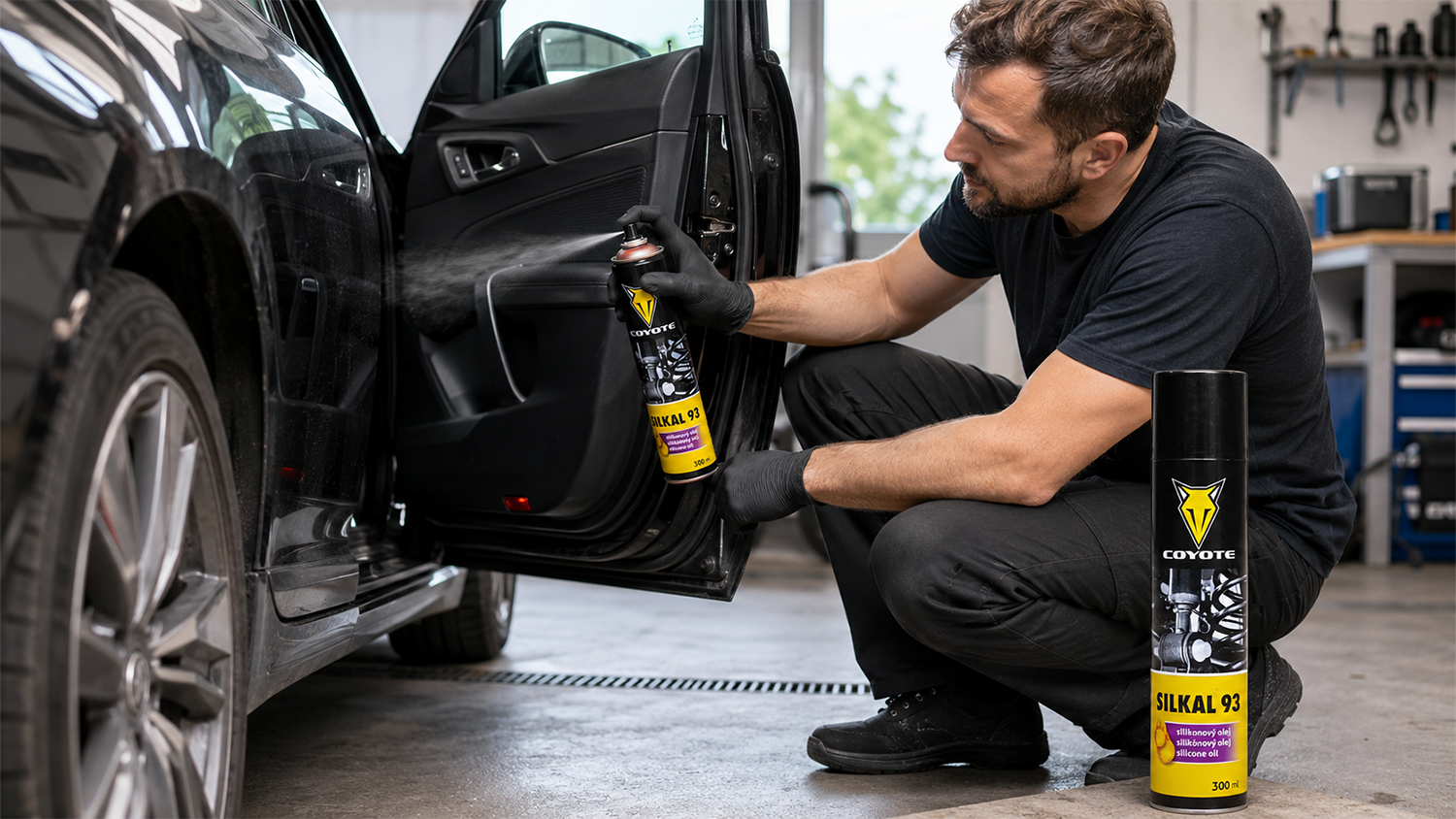 Muž o&scaron;etruje p&aacute;nty na dver&aacute;ch automobilu mazivom Coyote Silkal 93 300 ml