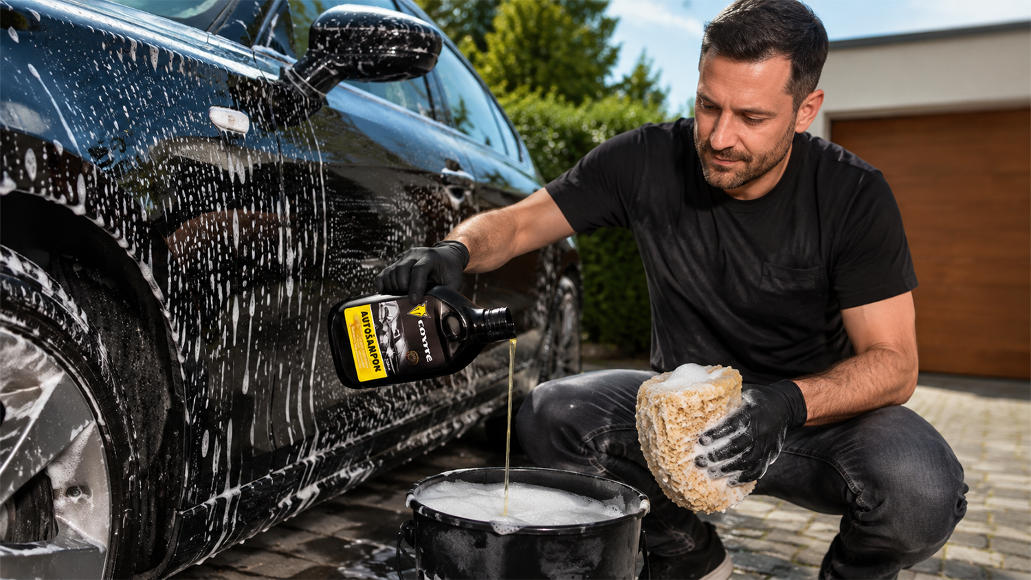 Muž umýva auto s autošampónom Coyote 500 ml
