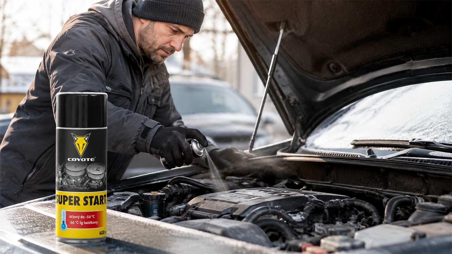 Muž štartuje štartovacím plynom Coyote Super start 400 ml