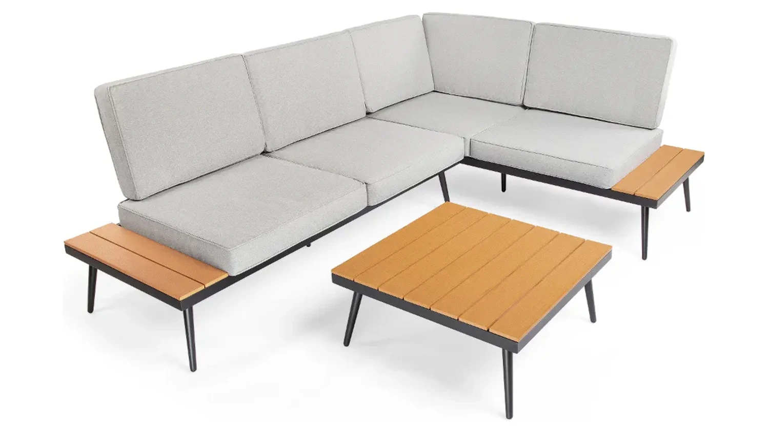 Rohový zahradní set Fieldmann FDZN 5080 s hliníkovou konstrukcí a polywood stolní deskou na bílém pozadí