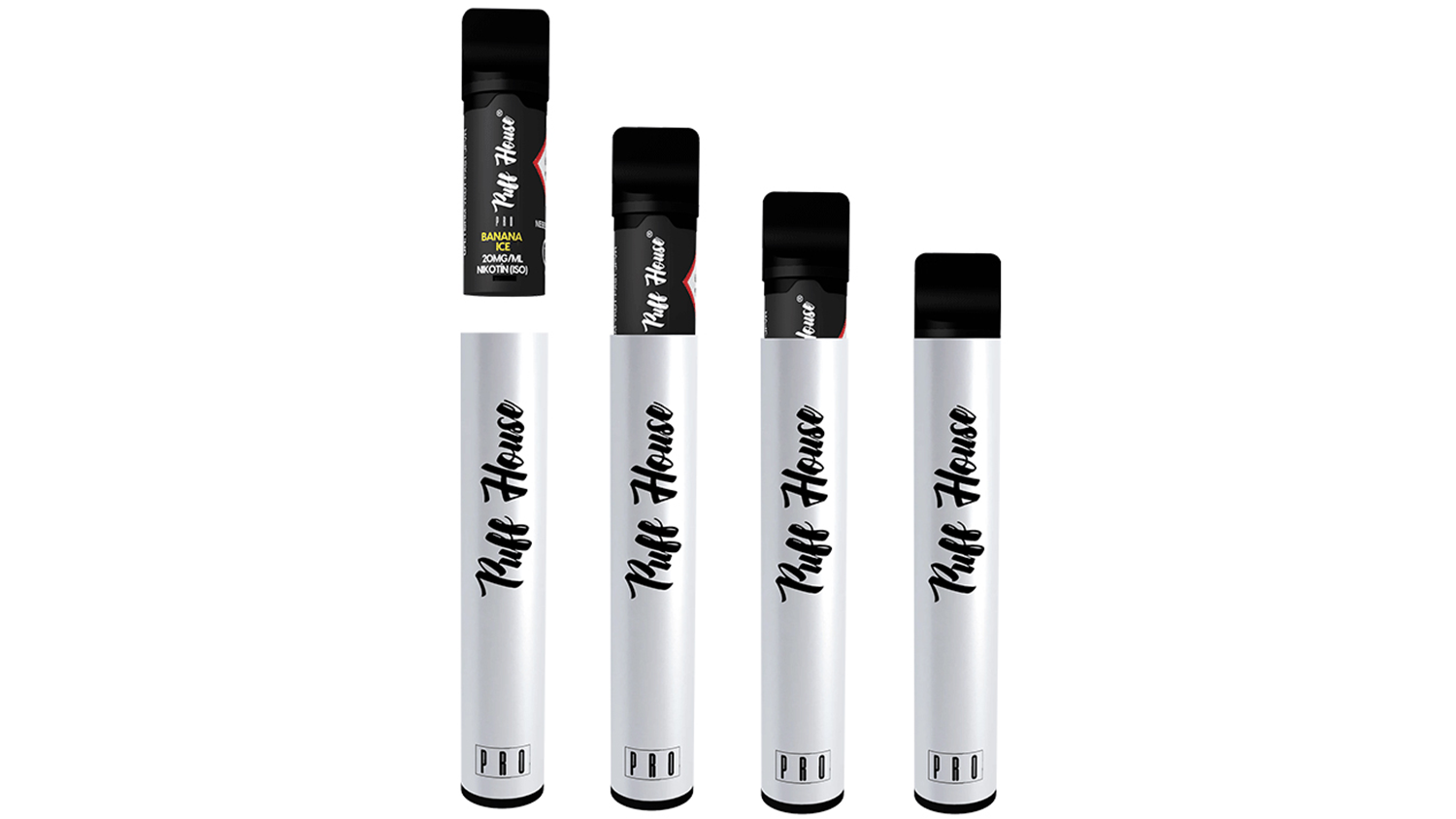 Dobíjecí elektronická cigareta PUFF HOUSE PRO white pearl, v popředí detail produktu, v pozadí žena používající zařízení v kavárně