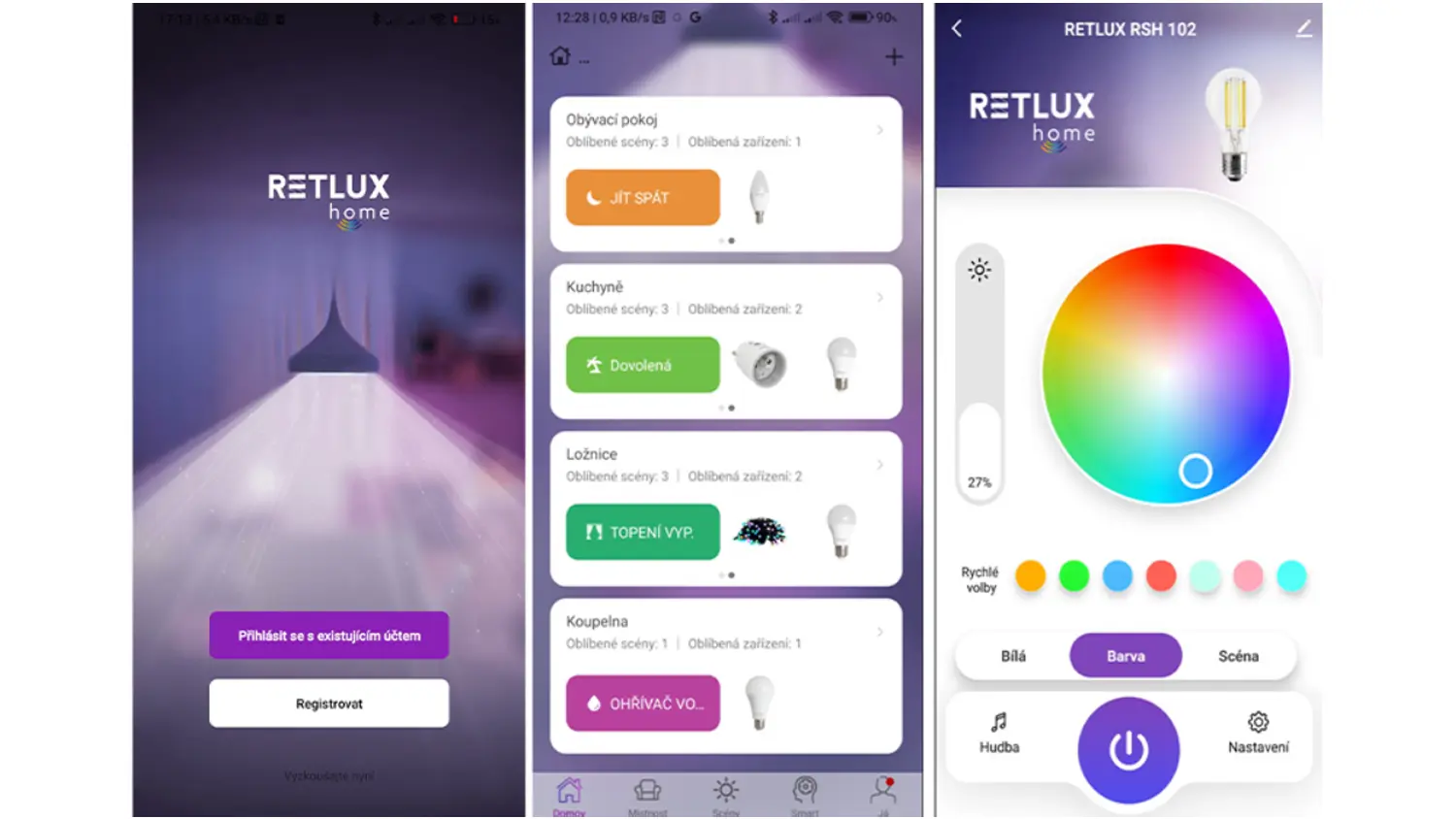 Rozhraní aplikace RETLUX home pro nastavení světel