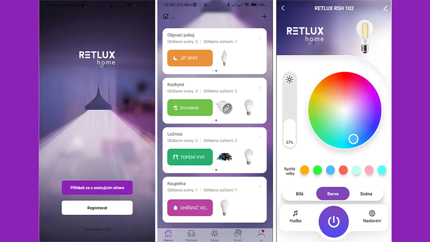 Rozhran&iacute; aplikace RETLUX home pro nastaven&iacute; osvětlen&iacute;