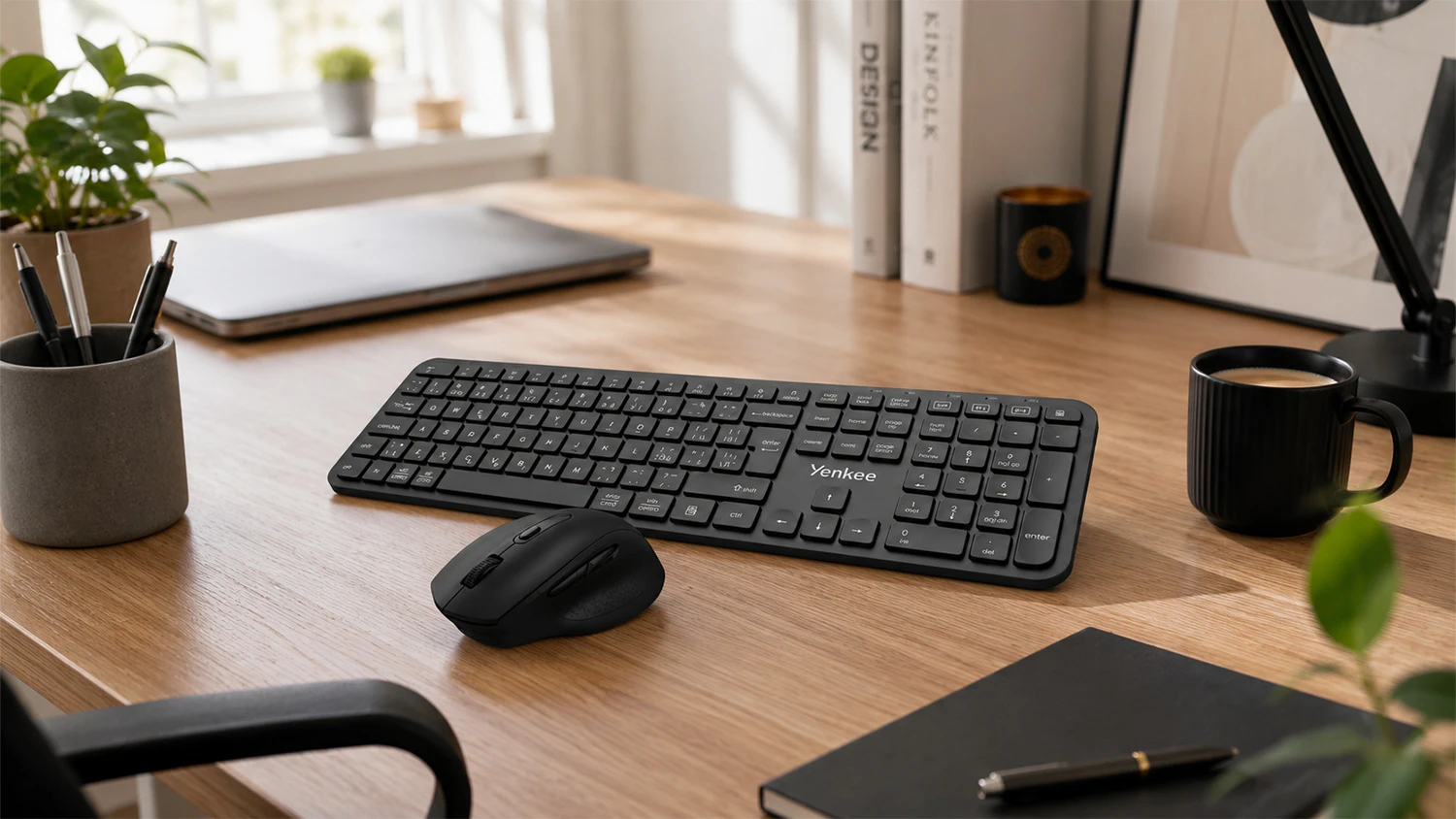 Bezdrátová klávesnice Yenkee EGO YKB 2050CS a PC myš Yenkee EGO YMS 2050BK na pracovním stole