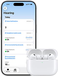 AirPody Pro 3 v MagSafe nabíjecím pouzdře, iPhone 17 Pro, na obrazovce je text v angličtině, v překladu: Sluchový test