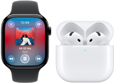 Apple Watch Series 11, pouzdro z břidlicově šedého titanu, řemínek: černý sportovní řemínek, otevřená aplikace Hudba, spárované s AirPody 4