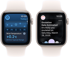 Dvě zařízení Apple Watch SE 3 s pouzdry z hvězdně bílého hliníku zobrazující aplikaci Životní funkce