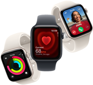 Tři zařízení Apple Watch SE 3 plovoucí vedle sebe